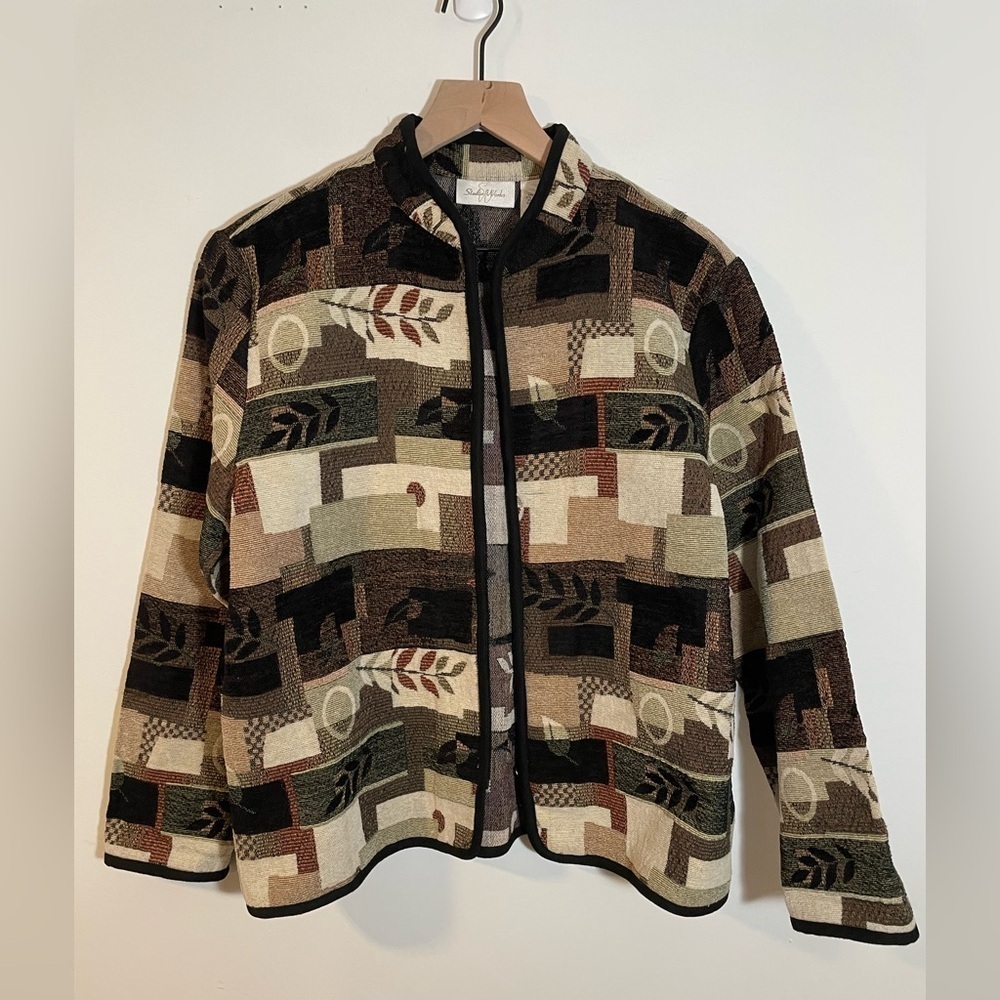 Vintage Studio Works Patchwork Tapestry Jacket Full Zip Fall Brown Leaf Sz Large - Picture 1 of 11
